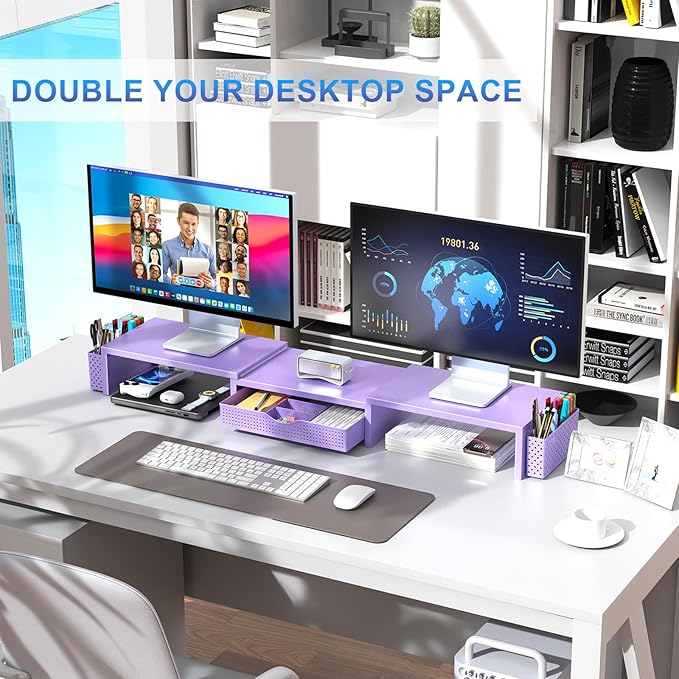 gianotter Dual Monitor Stand Riser, Desk Organizer With Drawer and 2 Pen Holders, Desk Organizers and Accessories, Purple Office Decor (Purple) - Image 4