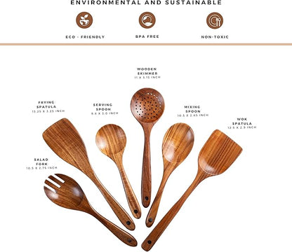 New Kitchen 6 Piece Non Toxic Wooden Spoons for Cooking - Smooth Finish Teak Kitchen Utensils Set - Non-Stick Wooden Spatula Perfect for Pasta, Mixing and Kitchen Essential and Gift
