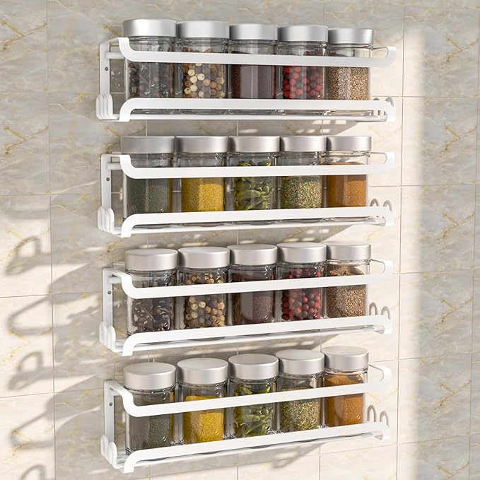 LUCYCAZ 4 Pack Wall Mounted Spice Rack with 16 Hooks, Spice Organizer Shelf for Stove Cabinet Pantry Door,Screw or Adhesive Spice Shelf Hanging Wall Spice Rack in Kitchen and RV (White, 4 PACK) by LUCYCAZ