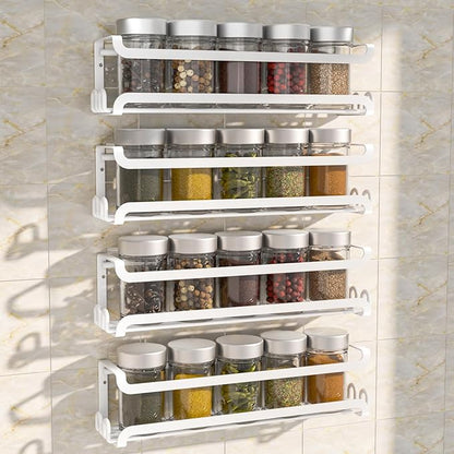 LUCYCAZ 4 Pack Wall Mounted Spice Rack with 16 Hooks, Spice Organizer Shelf for Stove Cabinet Pantry Door,Screw or Adhesive Spice Shelf Hanging Wall Spice Rack in Kitchen and RV (White, 4 PACK) by LUCYCAZ