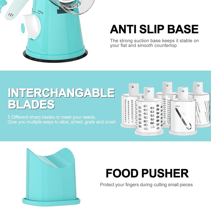 Cambom Rotary Cheese Grater Hand Crank Cheese Shredder for Fresh Cheese, Vegetable, Nuts,Non-slip Suction Base, Five Blades, Blue - Image 6