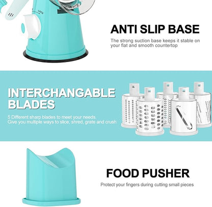 Cambom Rotary Cheese Grater Hand Crank Cheese Shredder for Fresh Cheese, Vegetable, Nuts,Non-slip Suction Base, Five Blades, Blue - Image 6