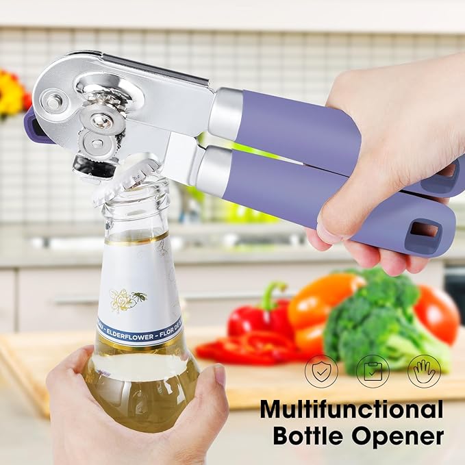 Beneno Heavy Duty Hand Can Opener Manual with Magnet, Durable Sharp Carbon Steel Blade Smooth Cutting, Big Effort-Saving Knob, Soft Grip Handle, Multifunctional Kitchen Tool with Bottle Opener, Purple - Image 5