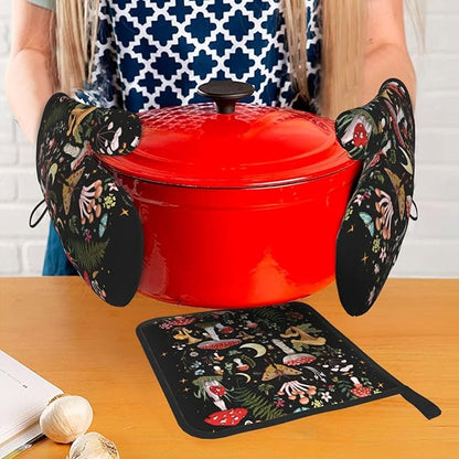 Mushroom Oven Mitts and Pot Holders Sets, Heat Resistant Black Hot Pads Witchy Oven Gloves for Cooking Grilling Baking Kitchen Decor Aesthetic, Witchy Gifts for Women,Mushroom Gifts for Women - Image 7