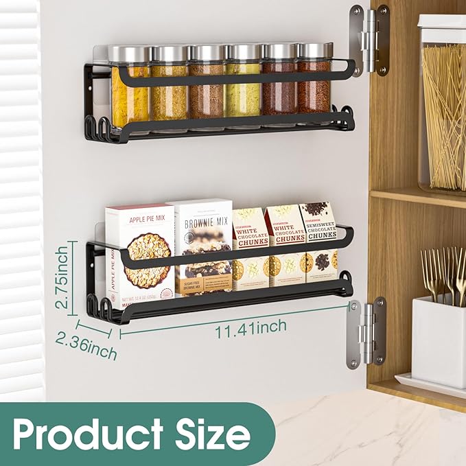 LUCYCAZ 2 Pack Wall Mounted Spice Rack with 8 Hooks, Spice Organizer Shelf for Stove Cabinet Pantry Door,Screw or Adhesive Spice Shelf Hanging Wall Spice Rack in Kitchen and RV (Black, 2 PACK) - Image 3
