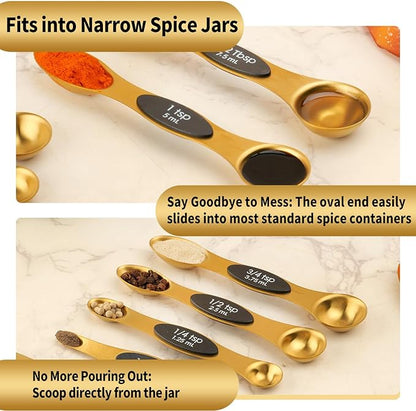 Gold Magnetic Measuring Spoons Set Stainless Steel with Leveler, Dual-Sided Stackable Metal Measuring Spoons for Baking & Cooking, Fits in Spice Jars, Heavy Duty Kitchen Gadgets, 8 Spoons & 1 Leveler - Image 8
