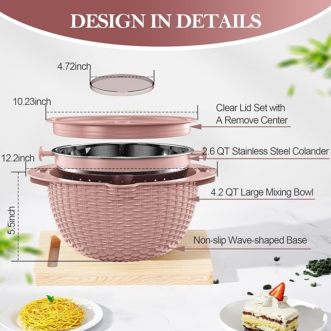4-1 Strainer Bowl with Lid Set - Strainers and Colanders, Colander for Kitchen, Pasta Strainer, Fruit Cleaner, Veggie Wash, Funny Kitchen Present, Fruit Washing Bowl, Cooking Present for Women - Pink - Image 8