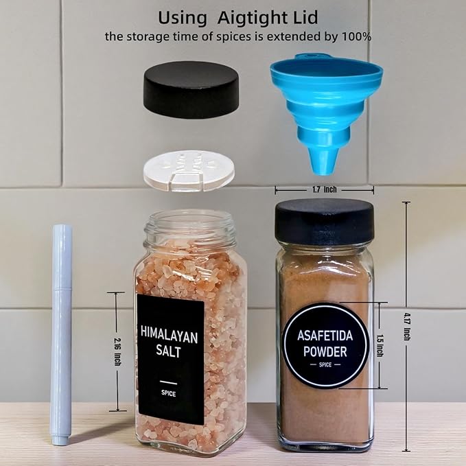 Spice Jars with Labels - 24 Glass Spice with Shaker Lids & Airtight Plastic Caps - 4oz Complete Seasoning Containers Organizer Set for Cabinet, Drawer & Rack (Black) - Image 4