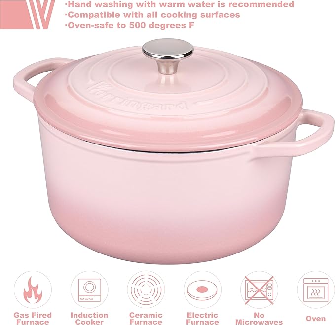 VORRINGARD Enameled Cast Iron Dutch Oven Pot with Lid, for Sourdough Bread Baking, Round Dutch Ovens, 4.5 Quart, Pink - Image 3
