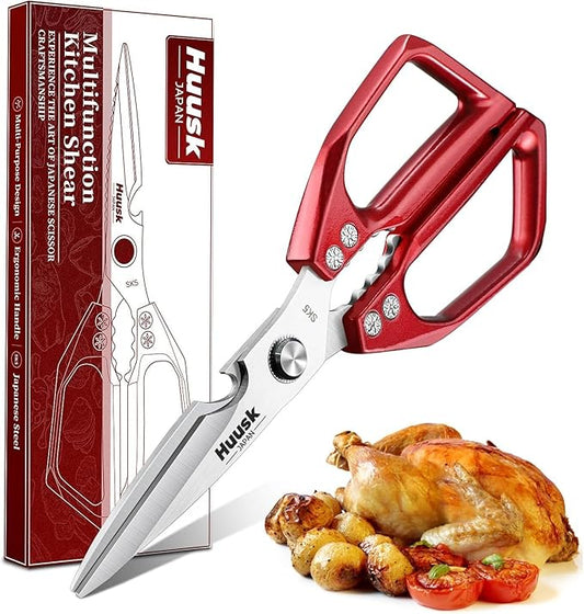 HUUSK Kitchen Scissors for Food - Stainless Steel Kitchen Shears, Sharp Red Meat Scissors Dishwasher Safe, Heavy Duty Poultry Shears, Japanese Cooking Scissor for Chicken, Christmas Gift for Men Women by HuuskKnife