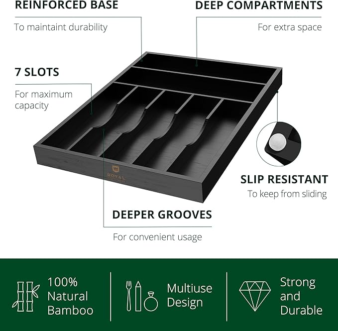 ROYAL CRAFT WOOD Luxury Bamboo Kitchen Drawer Organizer - Silverware Organizer - Utensil Holder and Cutlery Tray with Grooved Drawer Dividers for Flatware and Kitchen Utensils (7 Slot, Black) - Image 2
