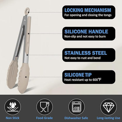 Kitchen Tongs, Stainless Steel Cooking Tongs with Silicone Tips, 600ºF High Heat-Resistant Non Scratch Locking Tongs for Cooking BBQ Grilling Air Fryer Pans, Set of 3 (7" 9" and 12") Beige - Image 4