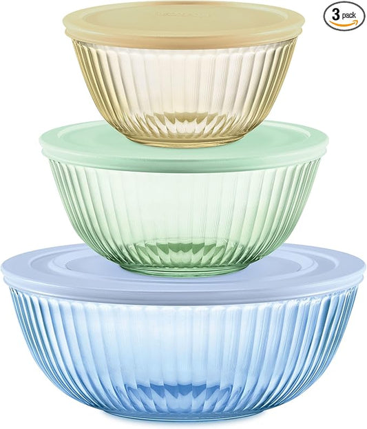 Pyrex Colors Tinted (3-Pack, Full Set) Sculpted Tinted Glass Mixing Bowls With Plastic Lids, Nesting Space Saving Set of Bowls For Prepping and Baking, 1.3QT, 2.3QT & 4.5QT by Pyrex