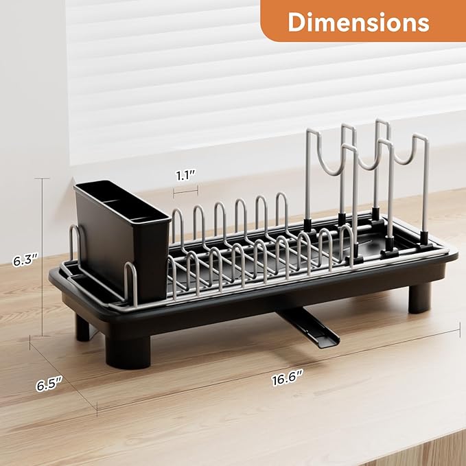 Laveshop Small Dish Drying Rack, Compact Dish Drainer for Kitchen Counter, with Adjustable Back Slots, Space-Saving for Small Kitchens, Black - Image 5