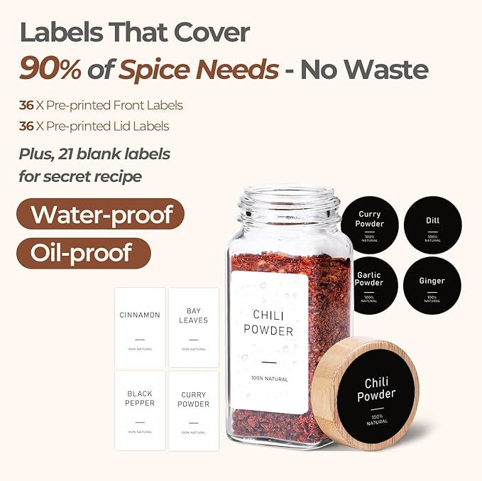 ComSaf Spice Jars with Label 4 oz 24Pcs, Glass Spice Jars with 6 Extra Shaker Inserts and 93 Labels, Seasoning Set with Bamboo Lids and Metal Funnel, Square Containers for Organization, Salt, Pepper - Image 5