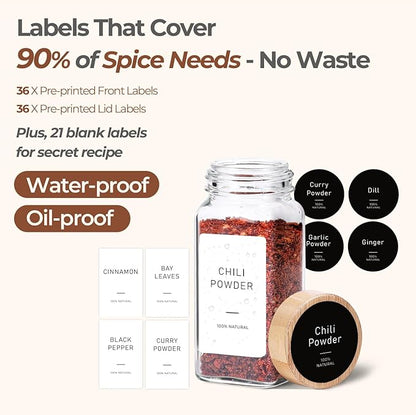 ComSaf Spice Jars with Label 4 oz 24Pcs, Glass Spice Jars with 6 Extra Shaker Inserts and 93 Labels, Seasoning Set with Bamboo Lids and Metal Funnel, Square Containers for Organization, Salt, Pepper - Image 5