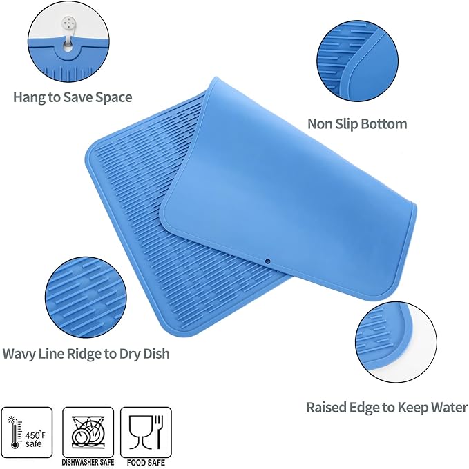 MicoYang Silicone Dish Drying Mat for Multiple Usage,Easy clean,Eco-friendly,Heat-resistant Silicone Mat for Kitchen Counter or Sink,Refrigerator or Drawer Liner Lichen BlueL 3XL 28 inches x 18 inches - Image 3