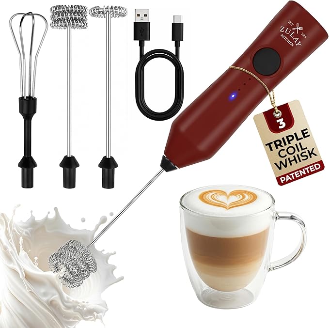 Zulay Kitchen Rechargeable Milk Frother - Dynamic - 3 Speeds, 3 Whisk Attachments, 500 mAh USB Charging, Drink Mixer For Latte, Cappuccino, Matcha, Protein Powder, Coffee Foam - Red Black by ZulayKitchen