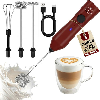 Zulay Kitchen Rechargeable Milk Frother - Dynamic - 3 Speeds, 3 Whisk Attachments, 500 mAh USB Charging, Drink Mixer For Latte, Cappuccino, Matcha, Protein Powder, Coffee Foam - Red Black by ZulayKitchen