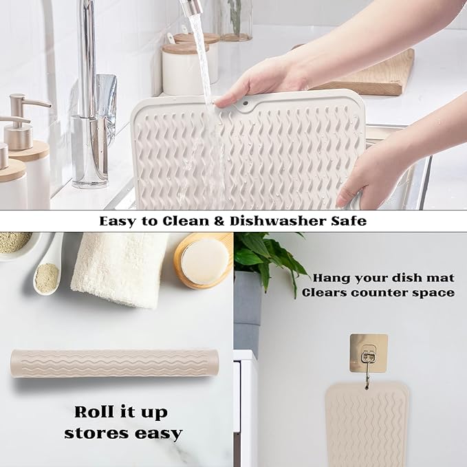 ZLR Silicone Dish Drying Mat & Heat Resistant Trivet (12" x 16") - Waterproof Counter Protector for Air Fryer, Coffee Maker - Non-Slip, BPA Free Kitchen Pad, Easy Clean Dishwasher Safe (Cassava White) - Image 4