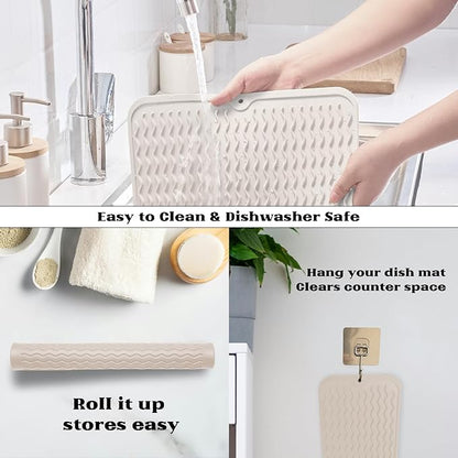 ZLR Silicone Dish Drying Mat & Heat Resistant Trivet (12" x 16") - Waterproof Counter Protector for Air Fryer, Coffee Maker - Non-Slip, BPA Free Kitchen Pad, Easy Clean Dishwasher Safe (Cassava White) - Image 4