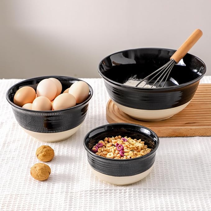 HASENSE Ceramic Mixing Bowls Set of 3, 84/40/20 Oz Black & Beige Stoneware Bowls, Farmhouse Bowls for Salad, Soup, Cooking Baking Serving Food, Nesting BowlsDishwasher & Microwave Safe - Image 6