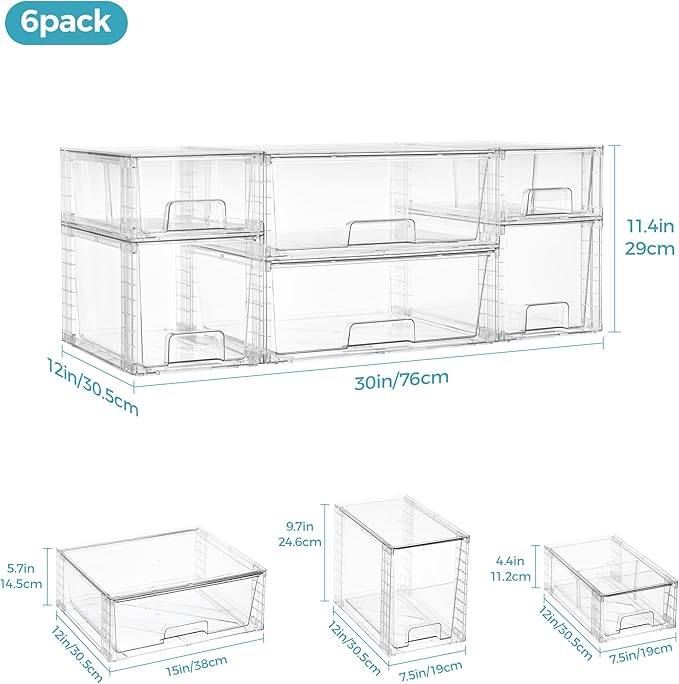 Vtopmart 6 Pack Clear Stackable Storage Drawers,Easy to Assemble Pantry Organizers and Storage with handles,Plastic Drawers for Kitchen Pantry,Cabinet,Under Sink Organization - Image 2