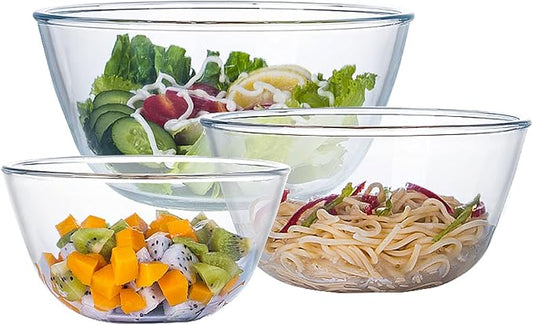 Homwin Glass Mixing Bowl Set for Baking 3-Piece Salad Bowl Set (1qt, 2.5qt, 4.2qt), High Brosilicate Large Bowls for Kitchen Prepping Serving and Storage, Microwave Dishwasher Oven Safe
