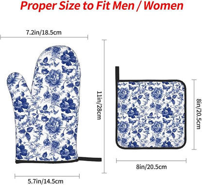 Blue and White Porcelain Floral Butterfly Oven Mitts and Pot Holders Set of 4,Vintage Chinoiserie Heat Resistant Non-Slip Potholders Oven Gloves and Pad for Kitchen Cooking Baking Grilling BBQ