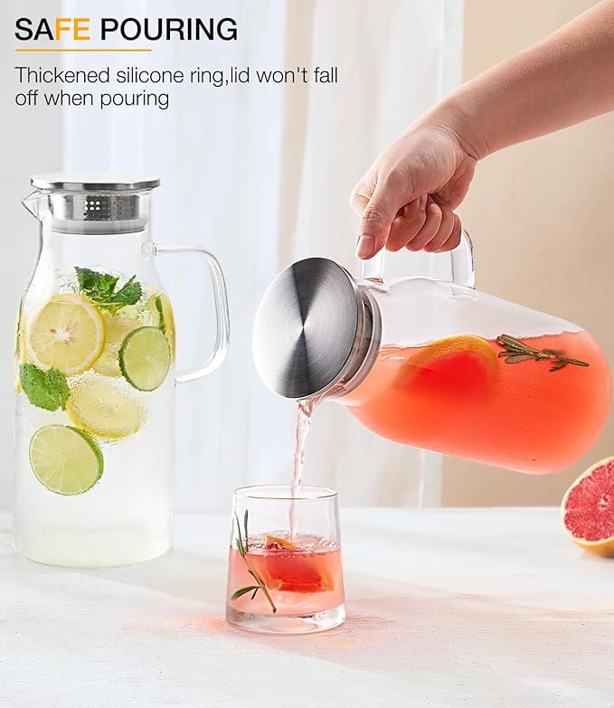 LUNA&MANTHA 2 Pack 2 Liter 68 oz Glass Pitcher with Lid and Handle, Water Pitcher for Fridge, Large Ice Tea Jug for Hot/Cold Drinks, Thick Borosilicate Glass Carafe for Coffee, Juice, Sangria - Image 2