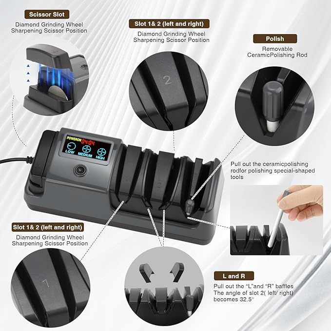 Professional 3-Stage Electric Knife Sharpener for Kitchen Knives, LCD Screen, 100% Diamond Abrasive, Adjustable Rotational Speed, Precision Angle Guides for All Kitchen Knives - Image 5