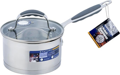 David Burke Stature Stainless Steel 1.75-Quart Sauce Pan with Strain Lid - Oven Safe - Brushed Gray