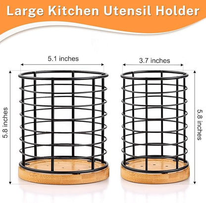 hunnycook 2-Piece Utensil Holders - 5.1*5.1*5.8 and 3.7*3.7*5.8 inches Kitchen Utensil Holders, Metal Black Crocks with Wooden Base, Easy to Drain - Image 2