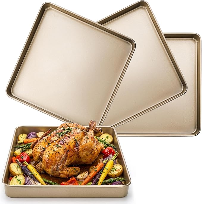 Dicunoy 3 Pack Baking Sheet Pans 11 Inches x 11 Inches, Nonstick Square Baking Pan, Heavy Duty Cookie Sheets for Baking, Evenly Heating Toaster Oven Tray Deep Dish for Bread Brownie Cake