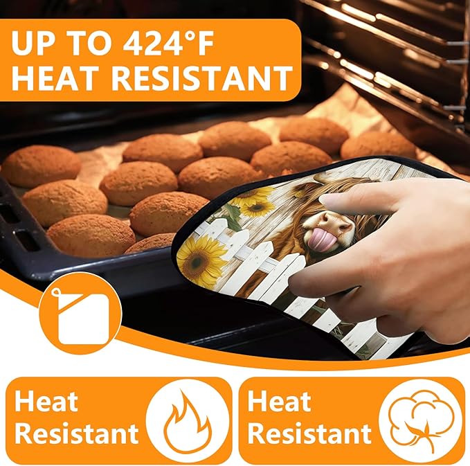 Sunflower Highland Cow Oven Mitts and Pot Holders Sets 4Pcs,Extra Long Oven Gloves Potholder for Kitchen Cooking Baking BBQ 100% Cotton Heat Resistant - Image 4