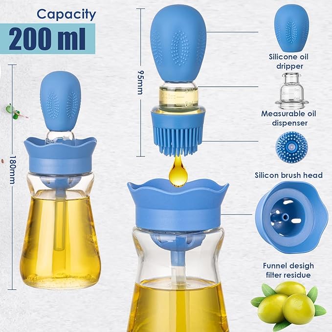 Oil Dispenser with Brush-2Pack 7oz/200ML 2 IN 1 Glass Cooking Oil Dispenser Bottle with Silicone Basting Brush for Kitchen, Oil Storage and Container for Cooking BBQ, Vinegar, Sauce, Air Fryer- Orange