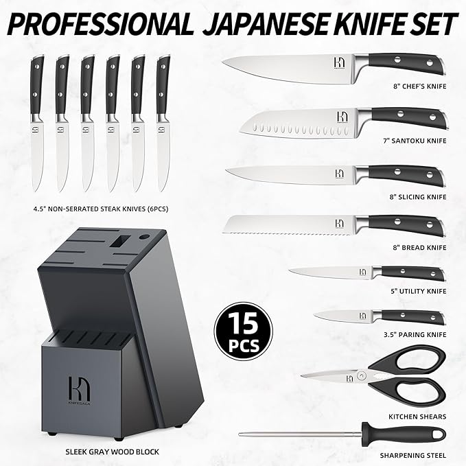 KnifeSaga Premium Knife Set 15 Pcs Quality Kitchen Knife Set with Block, Japanese High Carbon Stainless Steel Razor Sharp Knife Block Set, Acacia Wood Block Knife Set with Ergonomic Full-tang Handle - Image 6