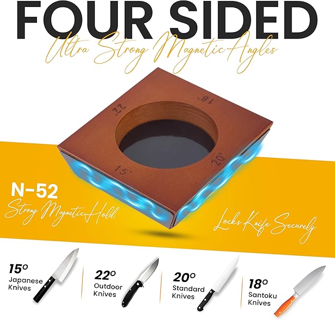 Rolling Knife Sharpener Kit – Magnetic 4-Angle Base, 3.86 Inches Longer Wooden Roller, 4 Grit Discs (1000/400 Diamond & 3000 Maroon / 6000 White Ceramic) and Leather Strop - Image 2