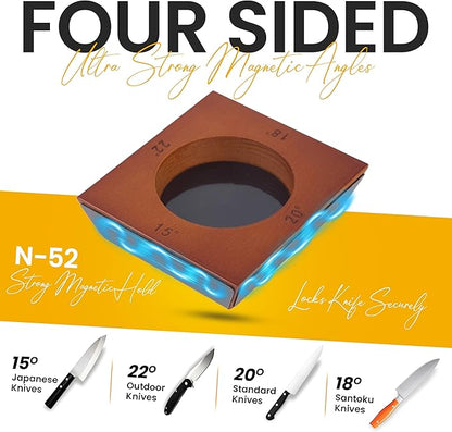 Rolling Knife Sharpener Kit – Magnetic 4-Angle Base, 3.86 Inches Longer Wooden Roller, 4 Grit Discs (1000/400 Diamond & 3000 Maroon / 6000 White Ceramic) and Leather Strop - Image 2