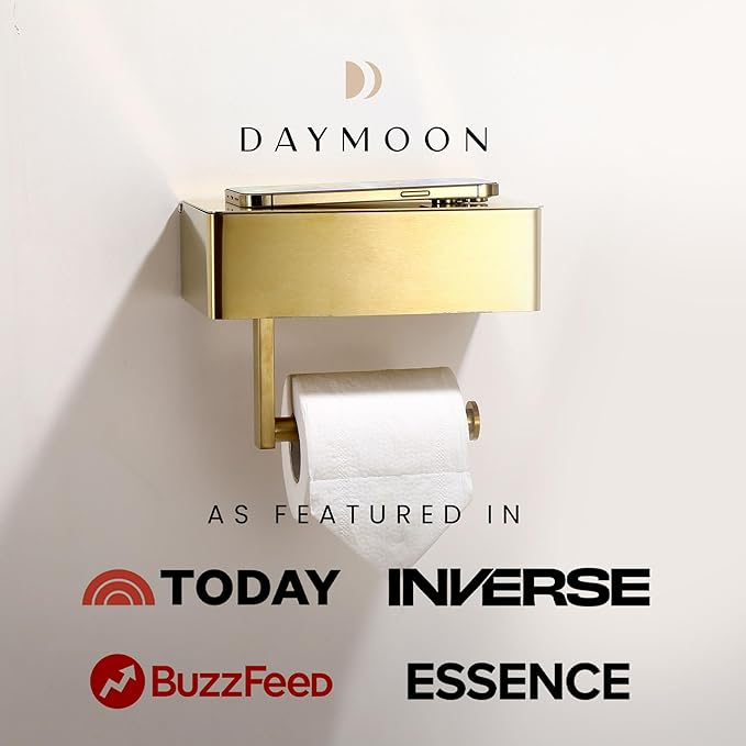 Day Moon™ - Toilet Paper Holder with Shelf - Modern Roll Holder for Bathroom - 1 Pack - Wall Mount - with Storage, Gold - Image 4