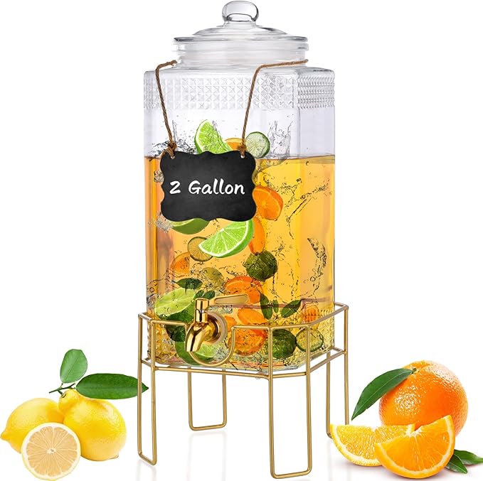 Drink Dispenser,2 Gallon Drink Dispensers for Parties,Beverage Dispenser with Stand,Glass Lid and Stainless Steel Spigot Leak-proof, Ideal for Lemonade,Juice, Tea, and Party Drinks by FUREEY