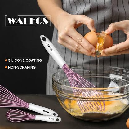 Walfos Whisk, Silicone Whisks for Cooking & Baking Non Scratch Rubber Coated Pink Whisk for Non-stick Wisk, Perfect for Frothing, Blending, Beating and Whisking (3pack Pink) - Image 6