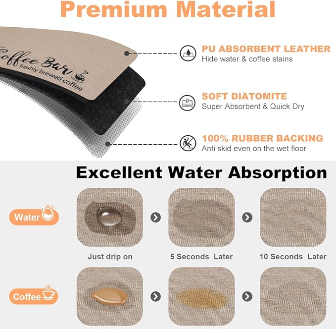 Findosom Dish Drying Mat, 16"x 24" Super Absorbent & Hide Stain Coffee Mat, Cuttable Drying Mat for Kitchen Counter, Coffee Bar Accessories, Under Dish Rack, Coffee Maker, Espresso Machine, Linen - Image 6