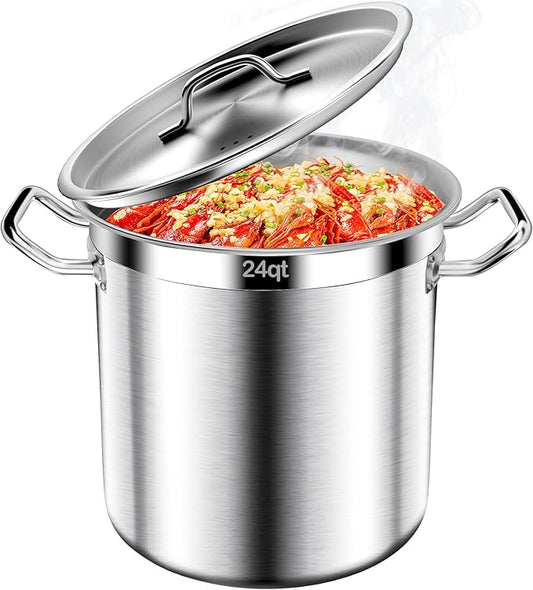 Stainless Steel Stock Pot-24QT Heavy Duty Induction Cooking Pot with Lid, Commercial Grade Stock Pot & Stockpots for Boiling Cooking Soup Stew Canning Cooking Pots,Big Stockpot, Deep Cookware