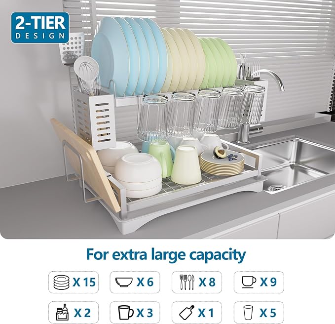 B-Land Dish Drying Rack: 2 Tier Dish Racks for Kitchen Counter - Large Rust Proof Dish Drying Rack with Aluminum - Detachable Dish Drainer Organizer with Utensil Holders Drainboard Silver - Image 2
