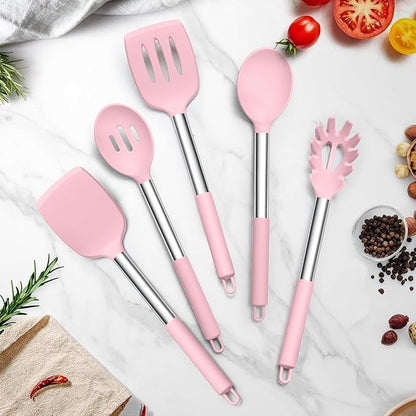 TeamFar Cooking Utensils Set, 5 PCS Silicone Kitchen Utensils with Stainless Steel Handle for Nonstick Cookware Turning Flipping Frying Draining, Heatproof & Healthy, Nonstick & Easy Clean, Pink - Image 7