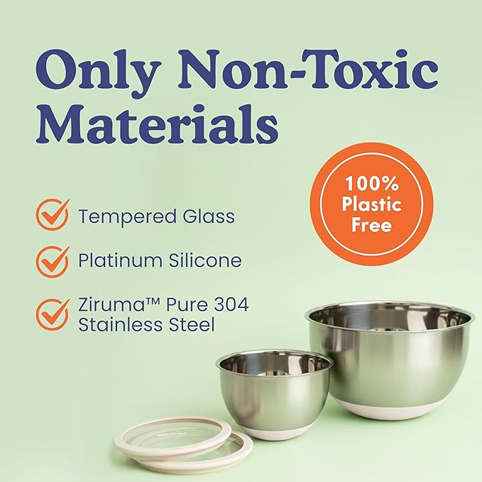 Ziruma Non-Toxic Mixing Bowls with Lids Set, Stainless Steel & Glass, 5 Pcs Plastic Free Bowls with Silicone Non-Slip Base, Dishwasher Safe Mixing Bowl Set - Image 2