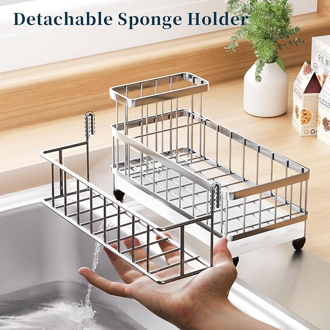 Consumest Sponge Holder for Kitchen Sink - Auto Draining Sink Caddy Organizer with Detachable Rack, High Brush Holder, Kitchen Countertop Storage Accessories, Silver - Image 4