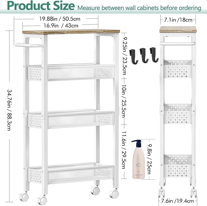 Vivihomety Utility Slim Storage Cart, 4 Tier Small Rolling Kitchen Laundry Room Cart with Wood Top, Metal Bathroom Storage Cabinet Mobile Shelf Unit Organizer Trolley with Handle for Narrow Space - Image 4