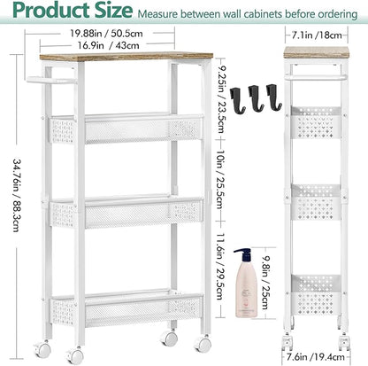 Vivihomety Utility Slim Storage Cart, 4 Tier Small Rolling Kitchen Laundry Room Cart with Wood Top, Metal Bathroom Storage Cabinet Mobile Shelf Unit Organizer Trolley with Handle for Narrow Space - Image 4
